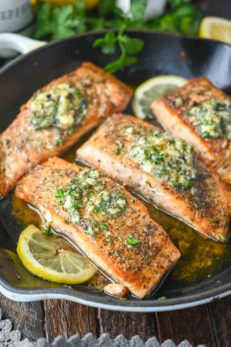 Olive Garden Herb Grilled Salmon | Butter Your Biscuit Ihop Pancake Recipe Copycat, Salmon Butter, I Hop Pancake Recipe, Cedar Plank Grilled Salmon, Mashed Red Potatoes, Leftover Salmon, Italian Herbs, Garlic Herb Butter, Broccoli Cheese Soup