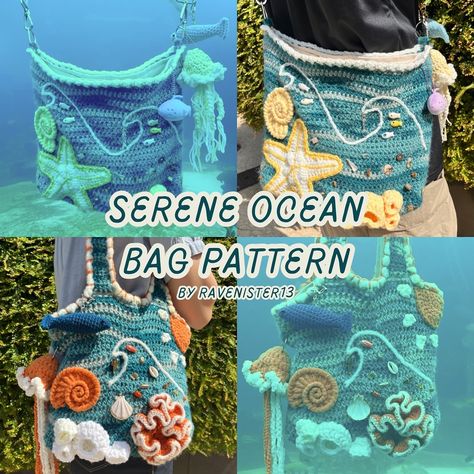 serene ocean bag pattern release🪼🐚🌊 [link in bio] available on -my website(cheaper) & kofi -> serene ocean bag -> pattern bundle: serene ocean bag + funky jellyfish -> youtube tutorial of ocean bag(sling bag) link in bio🍀 serene ocean pattern is -advanced beginner & includes -tote bag & sling bag option -adjustable straps with clasps -flexible arrangements/design -9 sea motifs: sun, sea waves, seaweed shell, barnacle, starfish corals: ruffled, branch, curvy -assembly & lining - allows you... Crochet Ocean Motifs, Sea Motifs, Crochet Ocean, Sea Outfit, Ocean Bag, Ocean Pattern, Sea Theme, Bags Tutorial, Sea Waves