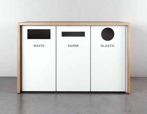 The Thro Waste and Recycling unit has an upscale and streamlined design intended to be more than an accessory piece in a room, but rather a statement piece which focuses on functionality. Cafe Trash Station, Home Recycling Station, Office Recycling Bins, Recycling Bin Storage, Office Coffee Station, Canteen Design, Office Coffee Bar, Application Ideas, Diy Furniture Restoration