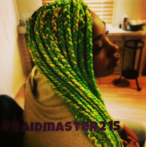 Green And Yellow Braids, Black And Green Braids, Yellow Box Braids, Black And Blonde Braids, Yellow Braids, Green Braids, Blonde Braids, Black And Blonde, Green And Yellow