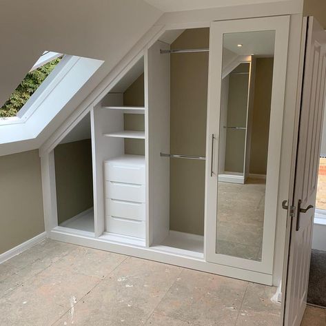 2 walls of fitted wardrobes installed this week to this newly converted loft bedroom in Shortlands, Kent (doors to follow) #loft… | Instagram Small Loft Walk In Wardrobe, Built In Wardrobe Ideas Loft Room, Loft Conversion Bedroom Decor, Bedroom With Eaves, Girls Attic Bedroom Ideas, Loft Room Ideas Bedrooms, Eaves Wardrobe, Storage Bedroom Ideas, Attic Bedroom Closets