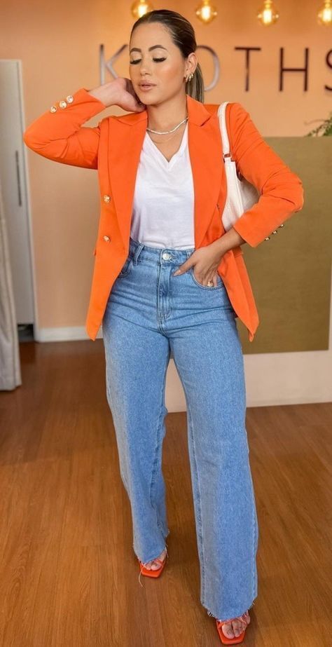 Casual Outfit With Jeans, Orange Blazer Outfits, Stylish Workwear, Friday Wear, Blazer Ideas, Outfit With Jeans, Orange Blazer, Work Fits, Business Casual Outfits For Work