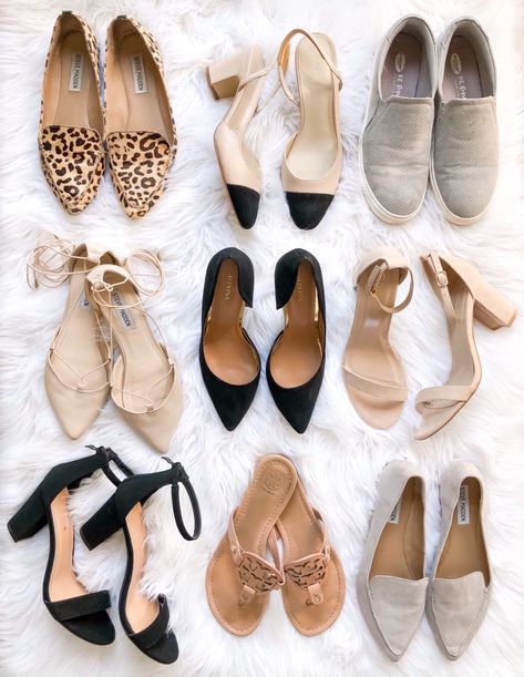 My Spring & Summer Shoe Capsule - Dani Thompson - Chic Capsule Closet Capsule Shoes, Shoe Capsule, Block Heels Black, Minimalist Fashion Summer, Tan Block Heels, Neutral Capsule Wardrobe, Grey Loafers, Tory Burch Flip Flops, Leopard Loafers