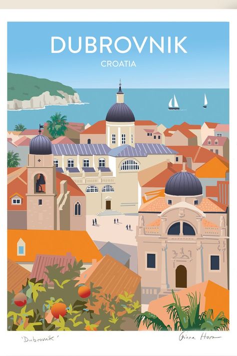 Illustrated travel poster of Dubrovnik in Croatia with title in white text. #dubrovnik #travelposter #stagestruckprints Dubrovnik Painting, Croatia Painting, Croatia Art, Art Unit, Dubrovnik Croatia, Picture Collage Wall, Zadar, Picture Collage, Dubrovnik