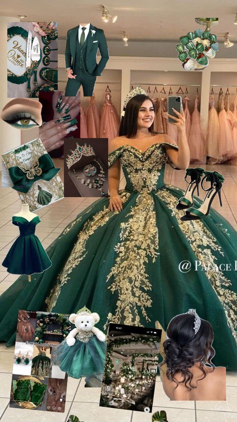 Emerald Green Royalty Aesthetic, Green And Gold Quinceanera Theme, Quinceanera Inspiration, Emerald Quince, Gold Quinceanera Theme, Emerald Green Quinceanera Theme, Dream Quinceanera, Green Quinceanera Theme, Emerald Green Quince