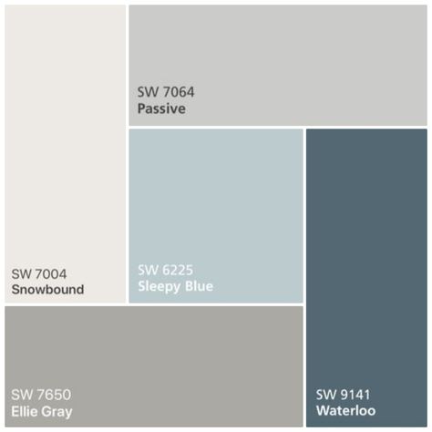 This cool color palette features greys and blues. The light tones contrast against the darker toned for a balanced palette. This palette is perfect for a modern or coastal styled home. All paints c… Passive Gray Color Palette, Waterloo Color Palette, Cool Color Palette, Grey Palette, House Color Palettes, Pintura Exterior, House Color Schemes, Grey Color Palette, Paint Swatches