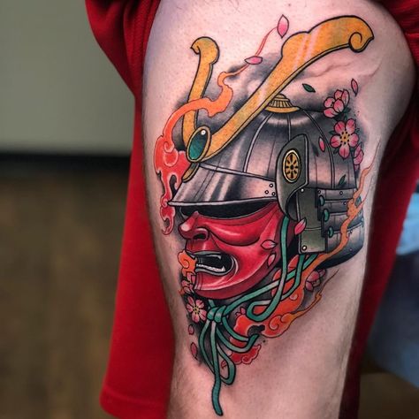 Samurai Mask Tattoo, Japanese Warrior Tattoo, Oni Mask Tattoo, Samurai Warrior Tattoo, Colored Tattoo Design, Samurai Tattoo Design, Fire Helmet, Japan Tattoo Design, Mask Tattoo