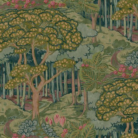 Ruskin - Emerald | Kravet W Wallpaper, Teal Wallpaper, Woodland Scene, Mcgee & Co, Brown Wallpaper, Tree Wallpaper, Wallpaper Direct, Fabric Houses, Country Style Homes