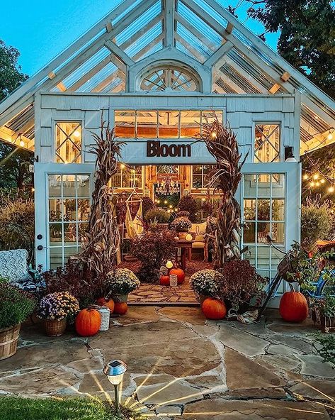 Window Greenhouse, Cottages And Bungalows, Backyard Greenhouse, She Sheds, Vintage Windows, Greenhouse Gardening, House Goals, Autumn Garden, Backyard Oasis