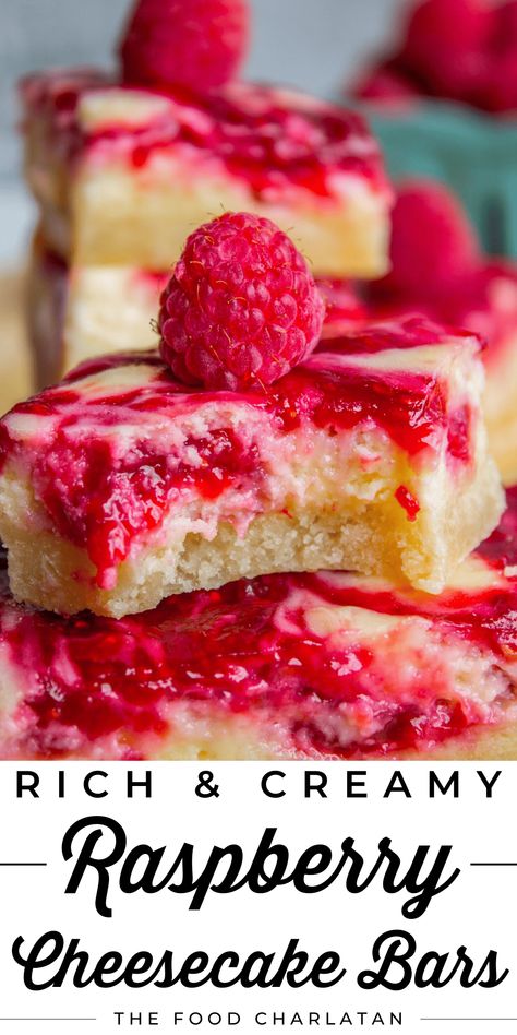 Raspberry Swirl Cheesecake Bars from The Food Charlatan. I should really call these Raspberry Cheesecake Bars with Copious Amounts of Fresh Raspberries Not to Mention a Shortbread Crust. (That's not too long is it??) These bars are so rich and creamy and I would say you can only have one, but I'm pretty sure I ate half the pan while shooting, so...yeah. These make a beautiful summer dessert for a potluck, BBQ, or picnic, and I know they'd be welcome for dessert on Mother's Day or Father's Day. Desserts Mothers Day, Pretty Mother’s Day Desserts, Deserts For Mother's Day, Mother’s Day Desert, Mothers Day Desserts Recipes, Quick Potluck Desserts, Cute Mother’s Day Deserts, Desserts For Mother’s Day, Healthy Mother’s Day Dessert