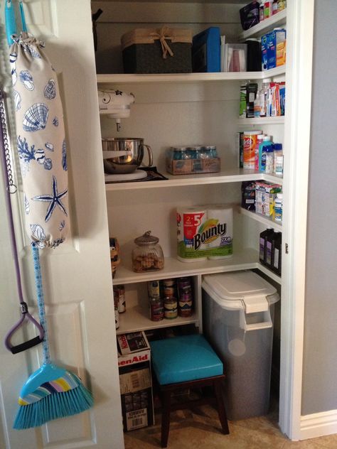 I wear a coat twice a year.  So I moved the coats from my closet at the end of the kitchen and turned it into a storage pantry.                                                                 I should have done this years ago! Coat Closet Remodel, Closet Into Pantry, Deep Pantry Organization, Organization Challenge, Pantry Closet Design, Utility Room Storage, Diy Pantry Organization, Organization Pantry, Pantry Remodel