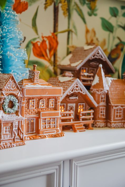 How to Make My VIRAL Gingerbread Houses from Thrifted Christmas Village Houses (Pottery Barn Dupe!) – Casa Watkins Living Christmas Village Gingerbread House, Dollar Store Gingerbread House Diy, Gingerbread Christmas Village Display, Ginger Bread House Village, Pottery Barn Gingerbread House Diy, Christmas Village Gingerbread, Christmas Village Diy Ideas, Fall Gingerbread House, Christmas Village On Top Of Cabinets