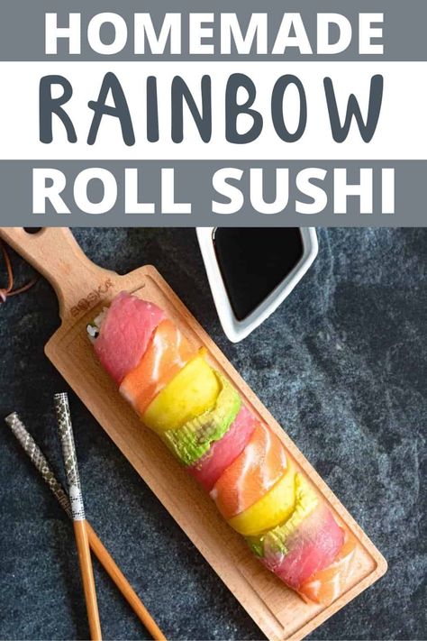 This uramaki sushi is a Japanese-American creation that is as fun to make as it is to eat! The inside of your sushi will be filled with crab, avocado, and cucumber, and then wrapped in seaweed and sushi rice. Your roll will be topped with mango slices, avocado, salmon, and tuna to achieve a beautiful rainbow effect. Rainbow Roll Sushi, Crab Avocado, Avocado And Cucumber, Mango Slices, Sushi Recipes Homemade, Rainbow Roll, Sushi Recipe, Roll Sushi, Sushi Dinner