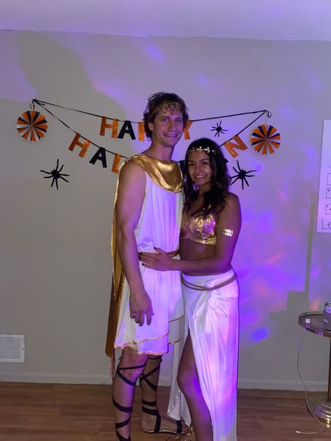 Sun God Costume Men, Greek Costume Couple, Greek Goddess And God Costume, Greek Goddess Couple Costume, Greek Goddess Costume Couple, Greek God Couple Costume, Greek Couple Costume, Greek Gods Halloween Costume, Greek Gods Couple Costume