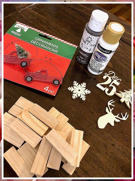 Christmas Decor Diy - Awesome! - Get your tips from the online store. Christmas Ornaments Made From Jenga Blocks, Mini Pallet Christmas Crafts, Dollar Tree Mini Pallet Crafts Christmas, Dollar Tree Crafts Christmas Ornaments, Best Selling Ornaments, Dollar Tree Wood Cutouts Christmas Ornaments, Jenga Ornament Ideas, Farmhouse Christmas Diy Decor, Dollar Tree Jenga Block Ornaments