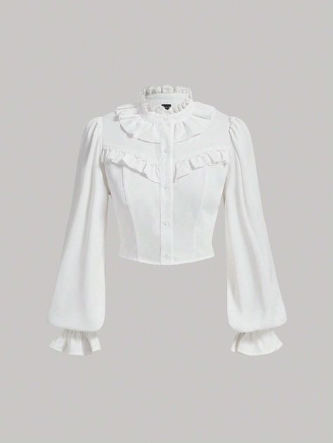 SHEIN MOD Ruffle Trim Flounce Sleeve Crop Blouse | SHEIN EUQS White Puffy Sleeve Top, Masquerade Gowns, Puffy Sleeves Top, Puffy Shirt, Ruffle Shirts Blouses, Puffy Sleeves Blouse, White Ruffle Top, Long Sleeve Ruffle Dress, Preformance Outfits