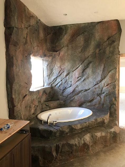 Faux Rock Bathroom Wall, Grotto Bathroom Ideas, Rock Wall Bathroom, Rock Bathroom Ideas, Rock Bathtub, Rock Bathroom, Bath Rocks, Rock Shower, Rock Floor