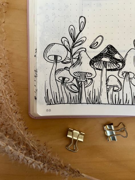 November Drawings Easy, Mushroom Doodle Easy, Mushroom Bujo, November Drawings, Mushroom Bullet Journal, November Weekly Spread, Easy Mushroom Drawing, Year Tracker, Mushroom Doodle