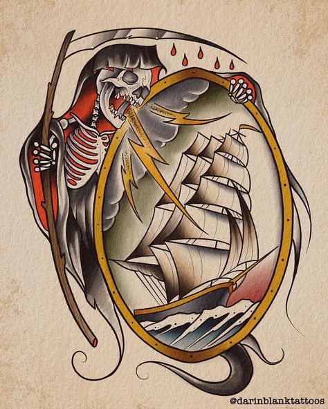 Traditional Grim Reaper Tattoo, Small Traditional Tattoo, Pirate Ship Tattoo, Tattoo Sleeve Filler, Sailor Tattoo, Grim Reaper Tattoo, Tatoo Inspiration, Traditional Flash, Ship Tattoo