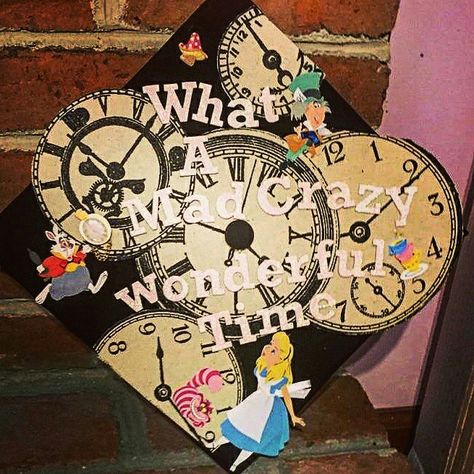 My Alice in Wonderland grad cap! Inspired by my parents who named me after the… Disney Grad Caps, Disney Graduation Cap, Funny Graduation Caps, Disney Graduation, College Grad Cap Ideas, Graduation Cap Decoration Diy, High School Graduation Cap, College Graduation Cap Decoration, Grad Hat