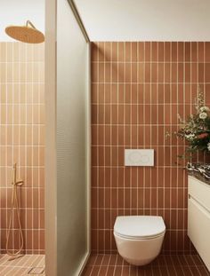 Terracotta Bathroom Tiles, Terracotta Bathroom, Wallpaper Decor Ideas, Ideas For Bathrooms, Wallpaper Design Ideas, Space Divider, Terracotta Tile, Mid Century Bathroom, Downstairs Bathroom