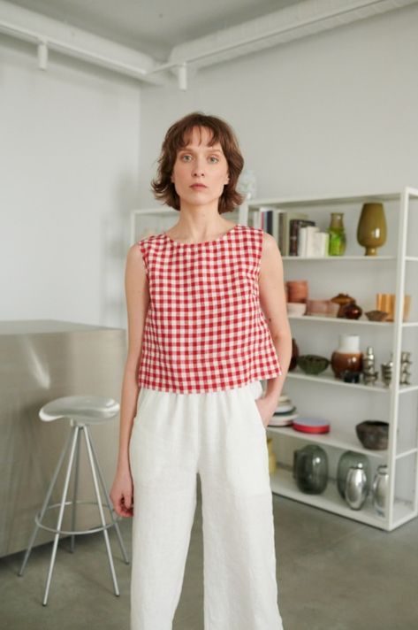 Linen Tops for Women | Linen For a Modern Women | Linenfox Gingham Top Outfit, Red Gingham Top, Normcore Outfits, Gingham Linen, Gingham Top, Womens Clothing Patterns, Linen Crops, Linen Tank Top, Linen Tank