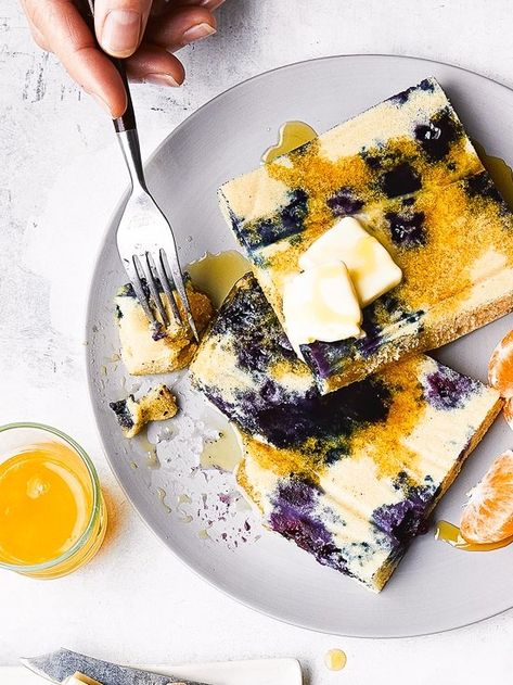 Lemon Blueberry Buttermilk Sheet Pan Pancakes on a plate with syrup. Skinnytaste Breakfast, Lemon Blueberry Pancakes, Sheet Pan Pancakes, Pan Pancakes, Making Pancakes, Wheat Pancakes, Baked Pancakes, How To Make Pancakes, Eat Seasonal