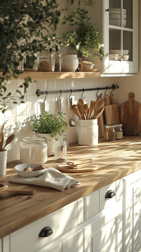 Neutral Interior Design Kitchen, Earthy White Kitchen, Light Academia Aesthetic Kitchen, Modern Kitchen Accessories Decor, Earthy Small Kitchen, Beige Kitchen Aesthetic, Kitchen Aesthetic Apartment, Kitchen Minimalist Decor, Rustic Wood Countertops