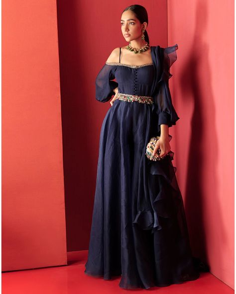 Party Wear Long Gowns, Navy Blue Jumpsuit, Seema Gujral, Ridhi Mehra, Flared Jumpsuit, Designer Lehengas, Dress Code Wedding, Jumpsuit Navy Blue, Embroidered Crop Tops