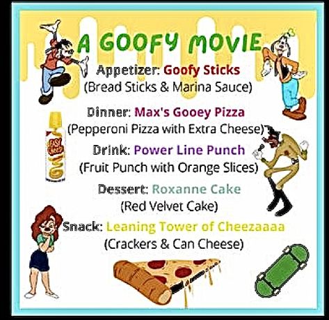 Disney Theme Food Ideas, Themed Family Movie Night Ideas, Movie Night Dinner Ideas Kids, Disney Dinner Ideas, Disney Meals From Movies, Themed Movie Nights For Kids, Disney Themed Dinner, Disney Movie Themed Food, Themes Dinner Nights