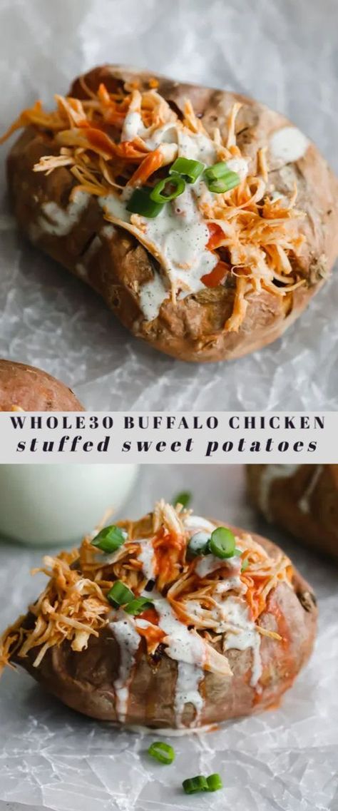 Loaded Sweet Potato With Chicken, Baked Sweet Potato Meal Prep, Bbq Chicken Stuffed Sweet Potato, Buffalo Chicken Sweet Potato, Buffalo Chicken Stuffed Sweet Potatoes, Buffalo Chicken Recipe, Slow Cooker Buffalo Chicken, Shredded Buffalo Chicken, Chicken Potato Bake