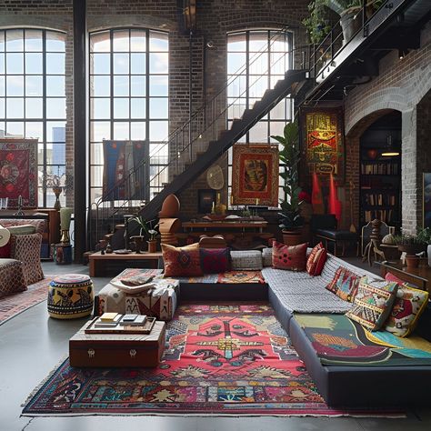 Discover the ultimate bohemian maximalist loft, featuring high ceilings, distressed brick walls, and large windows. This eclectic space boasts vibrant Persian rugs, vintage furniture, colorful textiles, and intricate tapestries. The loft is bathed in natural light, enhancing the bold, artistic details and handcrafted decor elements. Maximalist Loft, Bohemian Maximalist Decor, Distressed Brick Wall, Bohemian Maximalist, Bohemian Loft, Distressed Brick, Eclectic Loft, Witch Room, Colorful Textiles