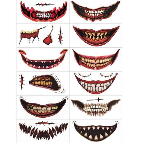 Diy Fake Tattoo, Scary Mouth, Mouth Tattoo, Pet Costumes Cat, Halloween Pranks, Clown Horror, Scar Tattoo, Stickers Halloween, Halloween Clown