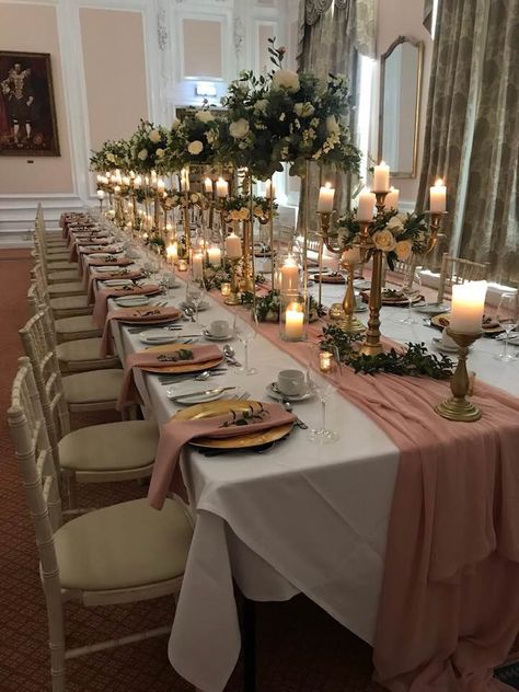 Engagement Party Table Set Up, Long Table Tablescape, Table Dressing Dining, Gold Table Centerpieces For Party, Long Table Party Set Up, Long Dinner Table Decor, Long Table Birthday Dinner, Rose Gold Birthday Party Table Settings, Long Table Set Up