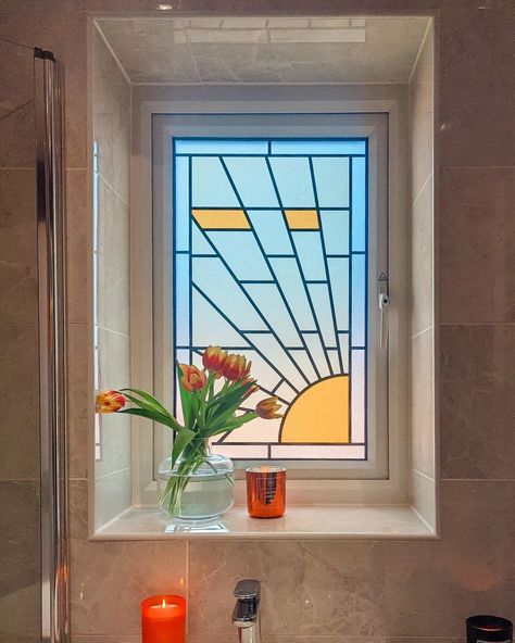 Swipe for the before of this renter-friendly stained glass window transformation by @my_littlewood_home ☀️ #myrealhome #renterfriendly #hometrasnformation #beforeandafter #dopaminedecorating #bathroomdecor #stainedglass Window Stained, Window In Shower, Stained Glass Door, Real Homes, Window Color, March 5, Stained Glass Window, Window Vinyl, Renter Friendly