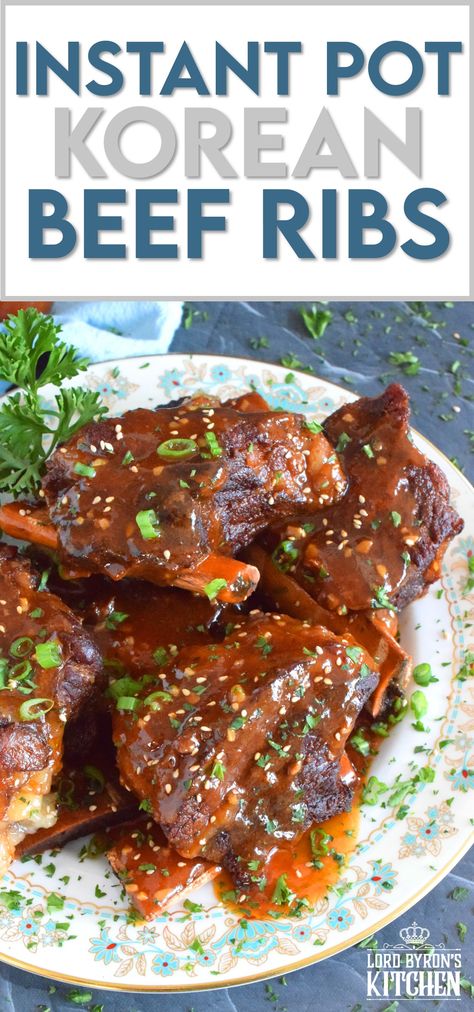 Instant Pot Korean Beef Ribs are fall-off-the-bone tender! This super quick and easy recipe packs a punch of robust and savoury flavours. Prepared with gochujang and honey, these ribs are both a little spicy and sweet. As an added bonus, the cooking liquid doubles as a thick, delicious sauce! #korean #shortribs #beef #ribs #instantpot Korean Beef Ribs, Instant Pot Korean Beef, Ribs Instant Pot, Instant Pot Korean, Chicken Tortillas, Korean Beef, Beef Ribs, Korean Bbq, Rib Recipes