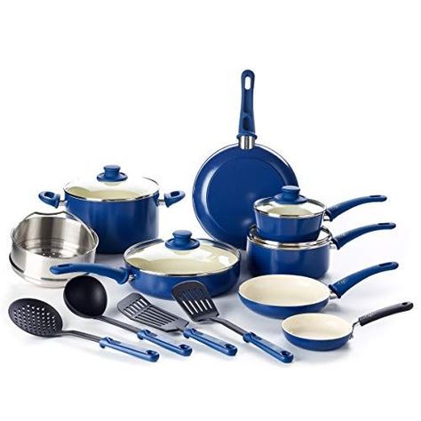 Blue Kitchen Utensils, Blue Kitchen Accessories, Navy Kitchen, Kitchen Cookware Sets, Kitchen Smells, Ceramic Cookware, Market Ideas, Pots And Pans Sets, Blue Kitchen