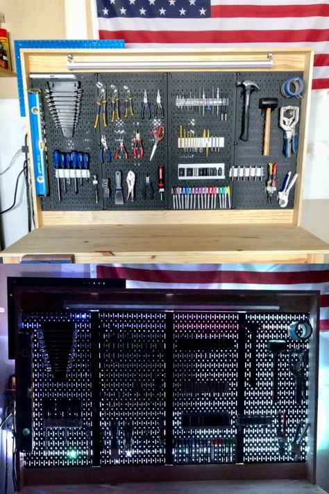 Wall Control Metal Pegboard with tools and lights Wall Control Pegboard Ideas, Pegboard Tool Storage, Tool Pegboard, Pegboard Garage, Steel Pegboard, Metal Pegboard, Garage Tool Storage, Rgb Lights, Night Mode