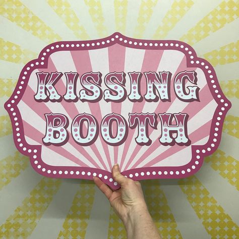 Kissing Booth Sign, Circus Wedding Theme, Alice In Wonderland Sign, Carnival Wedding Theme, Circus Signs, Circus Wedding, Pastel Candy, Wedding Kiss, Kissing Booth