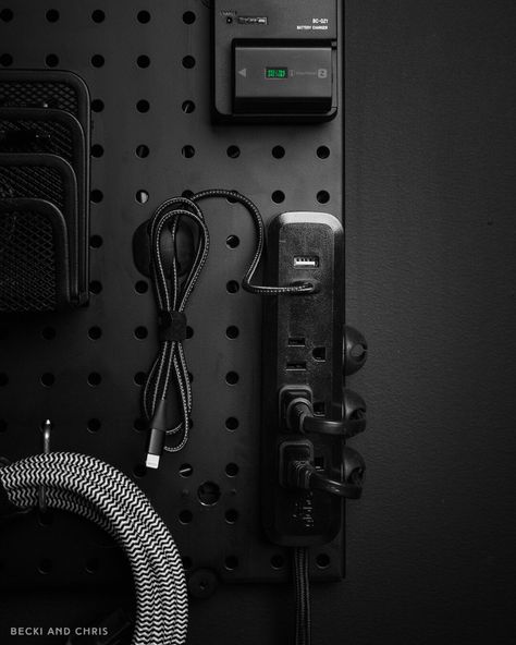 Becki And Chris, Pegboard Charging Station, Charging Station Ideas Bedroom, Camera Display Ideas, Photographer Workspace, Camera Equipment Storage, Photography Gear Storage, Charging Station Ideas, Camera Gear Storage