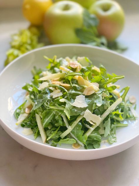 Parmesan Salad, Celery Salad, Arugula Salad Recipes, Salad Dinner, Baby Arugula, Westport Ct, Lemon Vinaigrette, Arugula Salad, Toasted Almonds