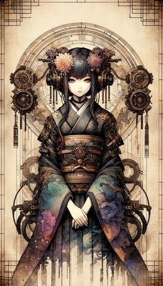 Japanese Steampunk, Steampunk Creations, Steampunk Cards, Samurai Clothing, Steampunk City, Colouring Inspiration, Asian Vintage, Steampunk Artwork, Steampunk Goth