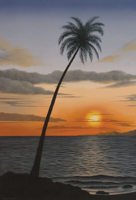 Oil seascape Sunset Painting Tutorial, Tropical Beach Sunset, Beach Sunset Painting, Sunset Over The Ocean, Sunset Seascape, Painting Instructions, High Clouds, Progress Photos, Island Sunset