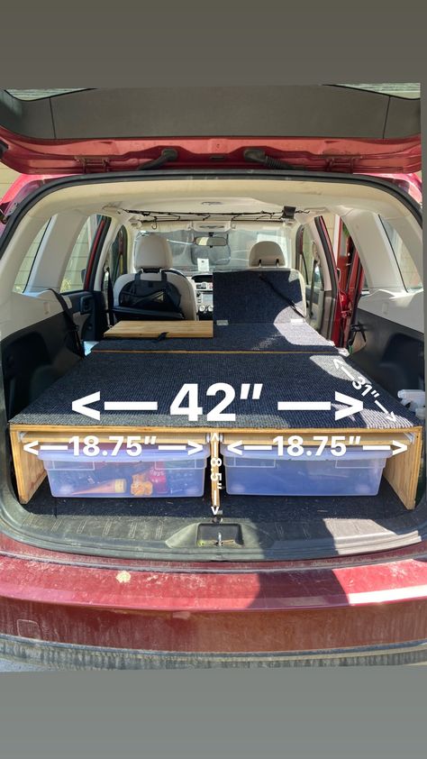 SUV Camper Conversion with Sleeping Platform - Subaru Forester » Bonjour Becky Subaru Conversion, Camper Suv Ideas, Small Suv Camping, Subaru Camper, Suv Camping Conversion, Ford Expedition Camper Conversion, Ford Explorer Camper Conversion, Suv Bed Platform, Chevy Equinox Camping