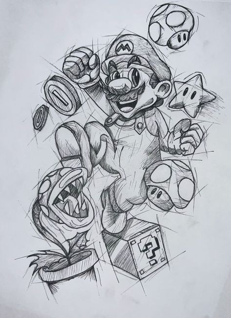 Super Mario Tattoo Design, Super Mario Sketch, Mario Star Tattoo, Super Mario Tattoo, Mario Tattoo, Mario Star, Crazy Tattoos, Realistic Tattoo Sleeve, Pokemon Tattoo