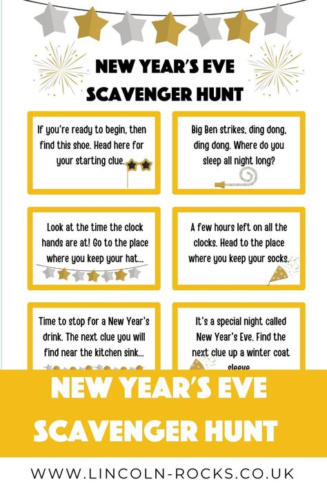 Download our free printable scavenger hunt with New Year's Eve themed clues and riddles to solve. New Year Scavenger Hunt For Kids, Nye Scavenger Hunt For Kids, New Years Scavenger Hunt For Kids, New Year’s Eve Scavenger Hunt For Kids, New Year’s Eve Scavenger Hunt, New Years Eve Scavenger Hunt For Kids, New Years Scavenger Hunt, New Years Eve Scavenger Hunt, Free Printable Scavenger Hunt