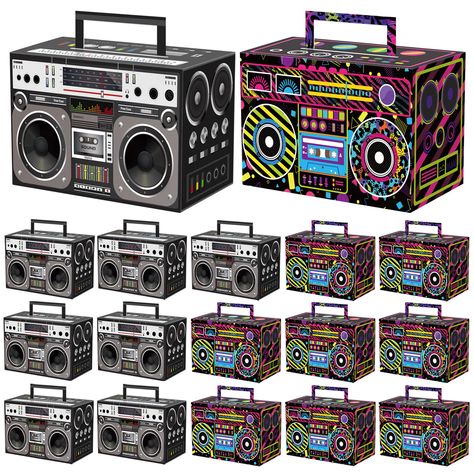 PRICES MAY VARY. PACKAGE INCLUDE - Radio 80s party treat box are includes 12 PCS black & white theme radio treat box and 12 PCS colorful radio treat box. Ideal for the 1980s theme hip hop music party decoration! DIMENSIONS - The size of the box is 6.7 inch x 3.9 inch x 4.7 inch /17cm x 10cm x 12cm, and these radio box can be used to holding some small things like cookies, chocolates, snacks, candies, small toys and so on. Before buying, please pay attention to whether the size meets your needs! 1980s Theme, Bucket Centerpiece, Neon Dance, 80s Party Decorations, Music Birthday Party, Candy Paper, Retro Elements, 80s Theme Party, Retro Radios