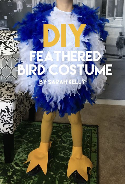 My son is a baby blue bird in his school musical and needed a costume. I showed him some images from Pinterest, but he didn’t like any of them. So, I was on my own, but the idea of using feat… Diy Bird Costume, Blue Bird Costume, Chicken Costume Kids, Bird Costume Kids, Goose Costume, Eagle Costume, Bird Wings Costume, Rio Party, Diy Baby Costumes