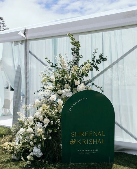 Let's Celebrate 🥂🌿⁠ ⁠ Statement acrylic signage for S&K on their stunning wedding day at McCallum Estate. How epic is the deep emerald green, paired with layered gold mirror text? So modern yet classic!⁠ ⁠ Everything about this day was styled to perfection, with every detail thoughtfully brought to life. The elegant ceiling draping, luxurious lounge spaces and clear marque adorned with lush florals 👌🏼⁠ ⁠ Full Planning + Design @ohsuchstyle⁠ Venue @themccallumresidence⁠ Wedding Photos @oottum... Wedding Drink Bar, Original Wedding Invitations, Mirror Text, Luxurious Lounge, Just My Type, Ceiling Draping, Deep Emerald Green, Acrylic Signage, Wedding Colour