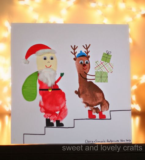 I love Christmas crafting. Surprise! This is one of my favorite crafts because one footprint is Claire's and one is Simon's. I love that t... Footprint Santa, Handprint Reindeer, Reindeer Footprint, Rudolph Crafts, Santa Footprints, Cheap Christmas Trees, Christmas Rudolph, Christmas Eve Traditions, Footprint Crafts